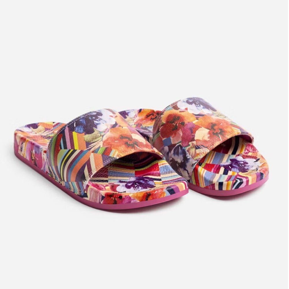 NEW JOHNNY WAS Floral Striped Pool Slides multi color for women